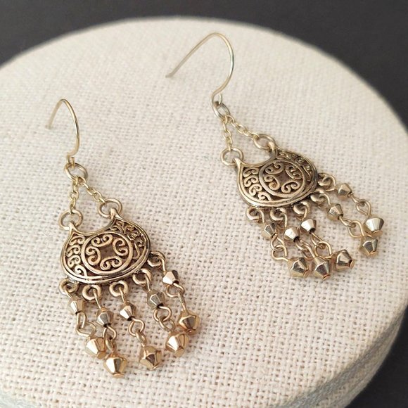 Gold scroll earrings with dangles - Picture 6 of 9